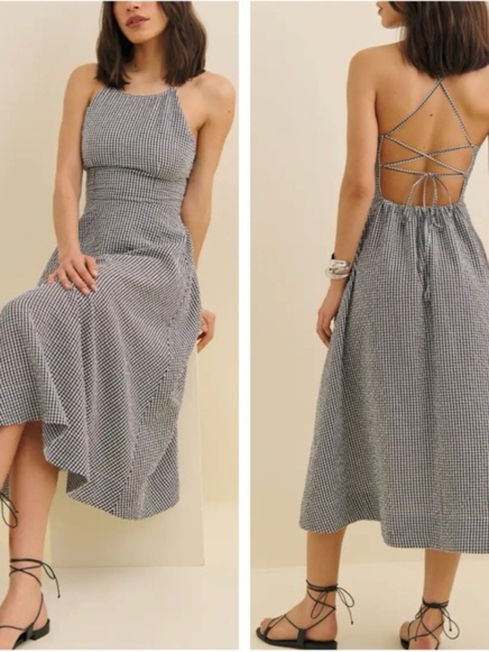 NWT Reformation Yuliy Women's Size 12 Halter Midi Dress, Black and White Check